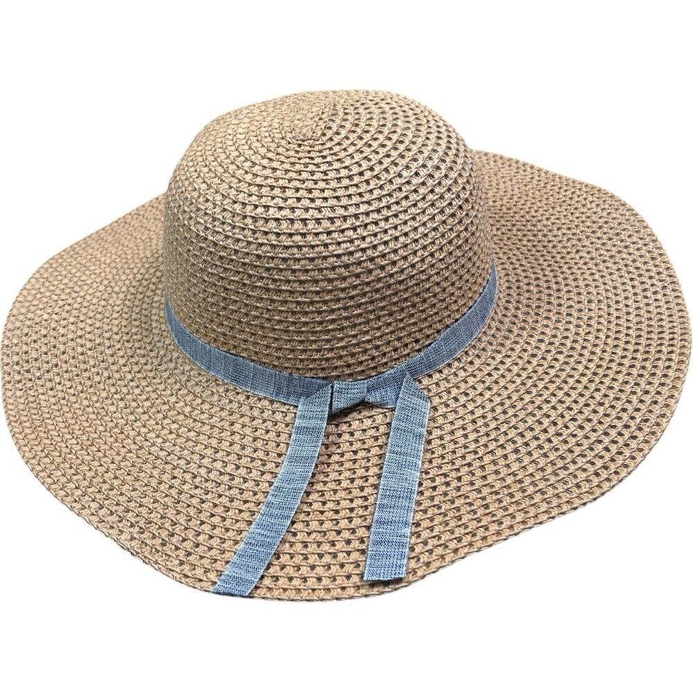 Tan Wide Brim with Blue Ribbon Straw Sun Hat